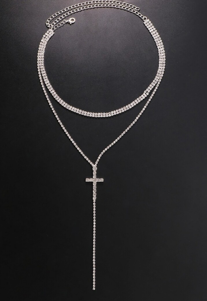 Lange Zilveren Strass ketting met Kruis Detail