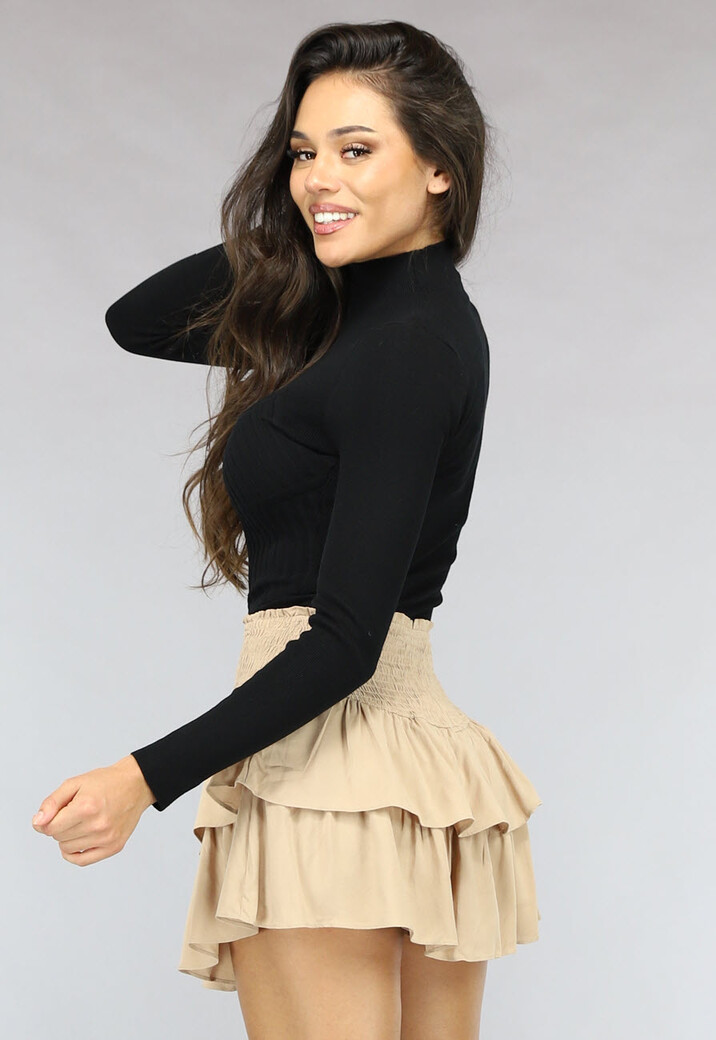 Zwarte Ribgebreide Turtleneck Bodysuit met Lange Mouwen