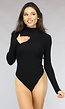 Zwarte Ribgebreide Turtleneck Bodysuit met Lange Mouwen
