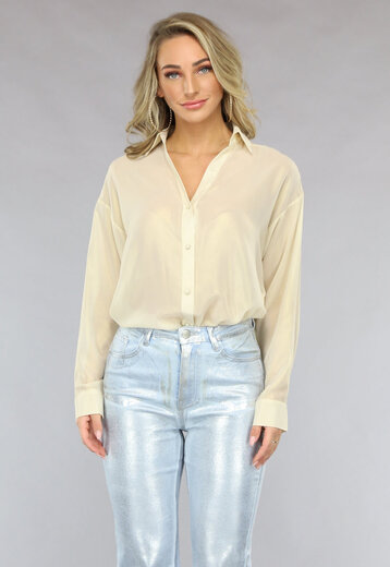 NEW1511 Beige Glimmende Blouse met Lange Mouwen