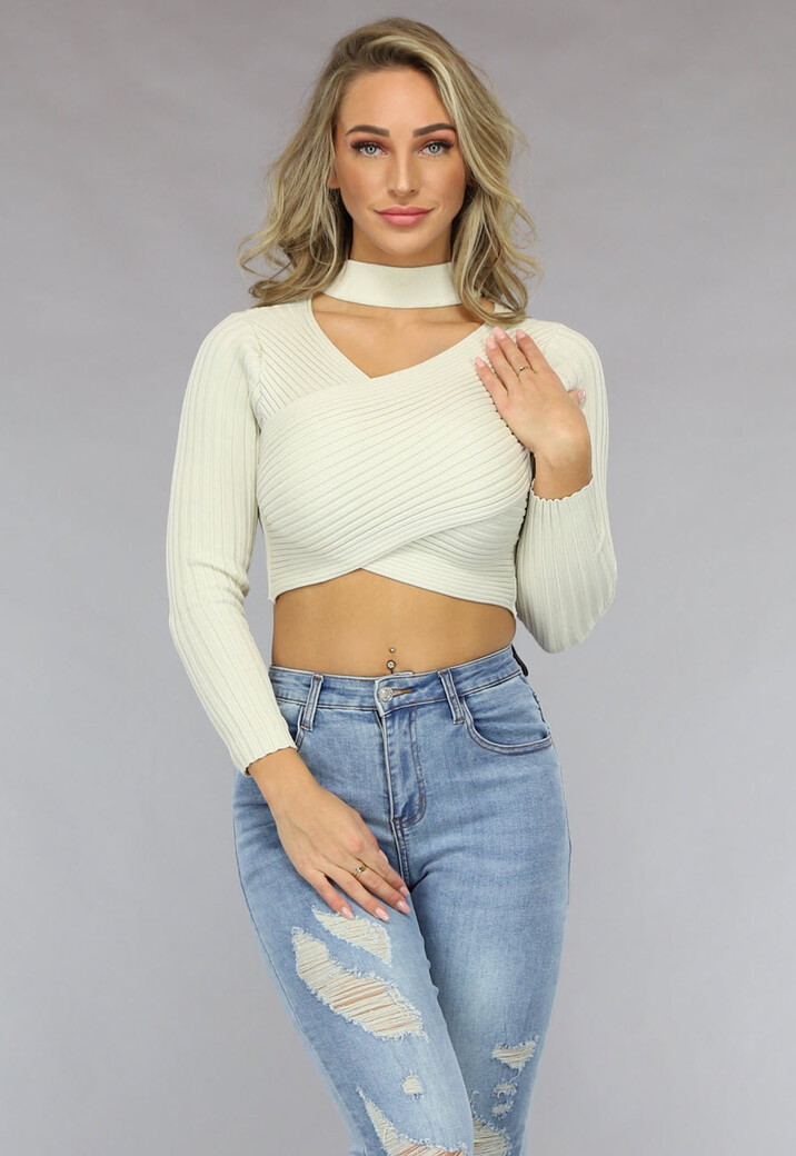 Beige Ribgebreide Overslag Crop Top