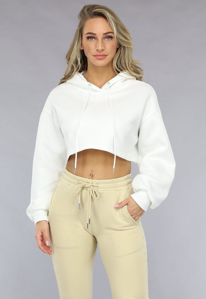 Witte Cropped Hoodie met Pofmouwen