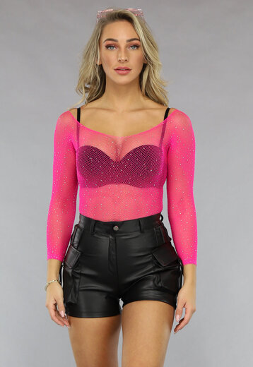 NEW1511 Roze Off Shoulder Bodysuit met Glitter Steentjes