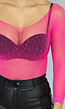 Roze Off Shoulder Bodysuit met Glitter Steentjes