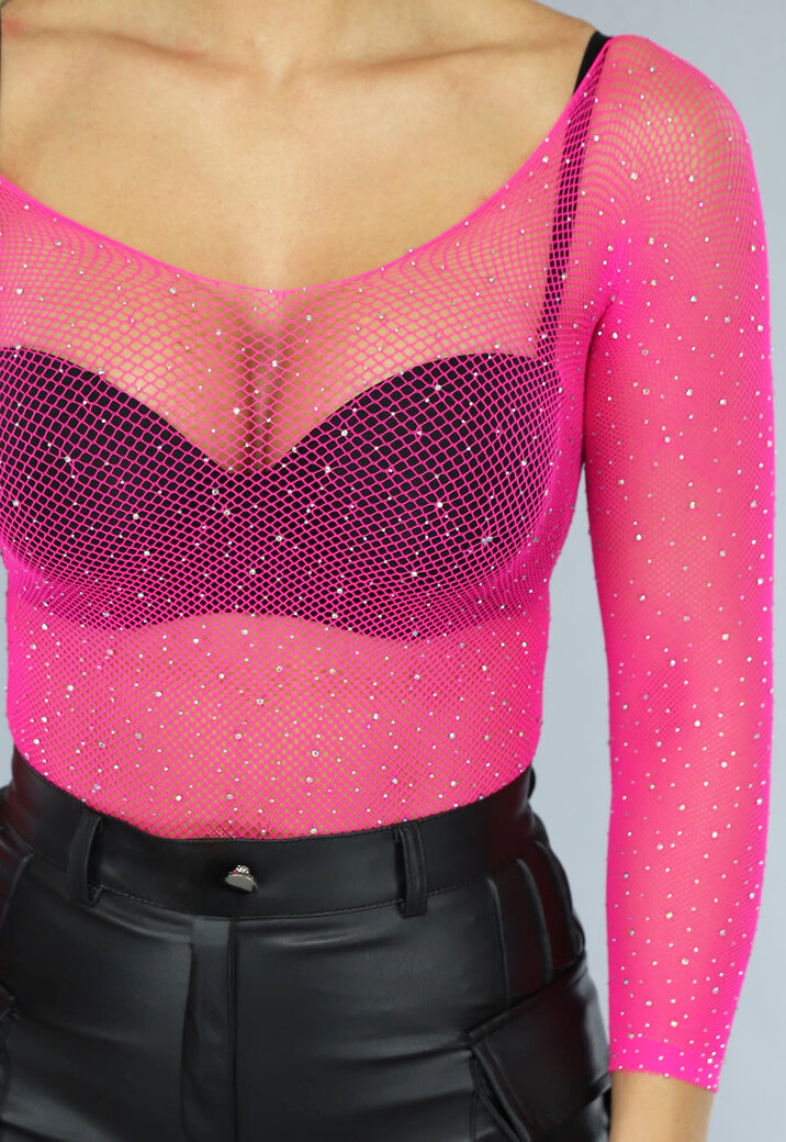 Roze Off Shoulder Bodysuit met Glitter Steentjes