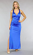 Lange Satijnen Kobalt Blauwe Avondjurk met Split