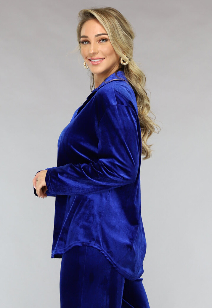 Blauwe Wide Leg Velours Two Piece