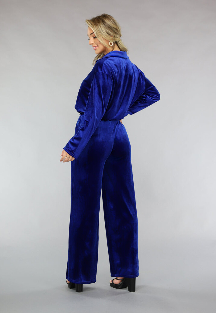 Blauwe Wide Leg Velours Two Piece