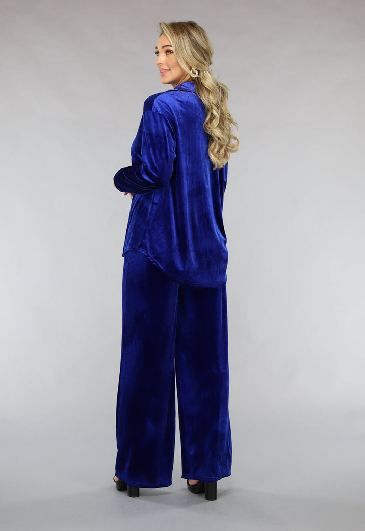 Blauwe Wide Leg Velours Two Piece