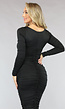 Geplooide Zwarte Bodycon Jurk met Lange Mouwen