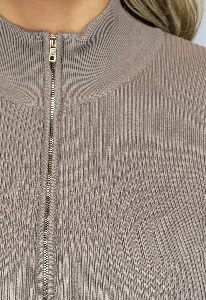 Taupe Ribstof Jumpsuit met Lange Mouwen en Rits