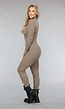 Taupe Ribstof Jumpsuit met Lange Mouwen en Rits