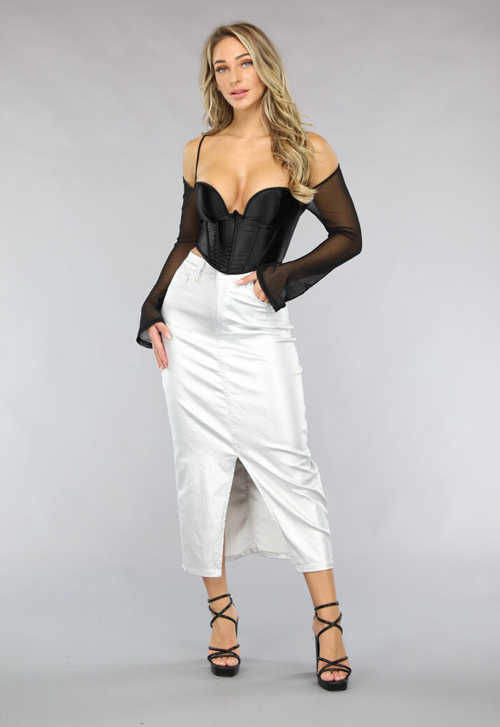 Zilveren Metallic Midi Rok met Split
