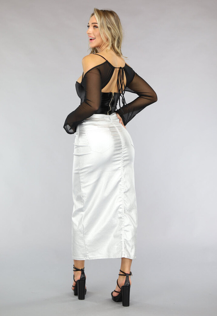 Zilveren Metallic Midi Rok met Split