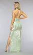 Lichtgroene Pailletten Halter Jurk met Cut Out