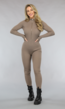 Taupe Ribstof Jumpsuit met Lange Mouwen en Rits