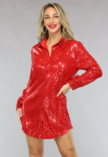 Rode Loose Fit Pailletten Blouse Jurk