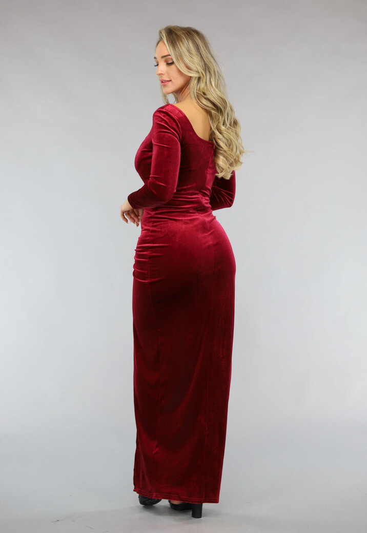 Rode Velours Galajurk met Hoge Split en Voorgevormde Cups