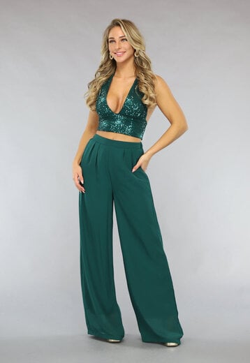 NEW2211 Groene Tweedelige Pantalon Set met Glitter Top