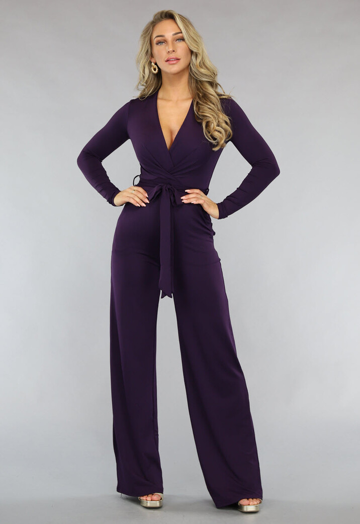 Paarse Jumpsuit met Wijde Pijpen en Tailleband