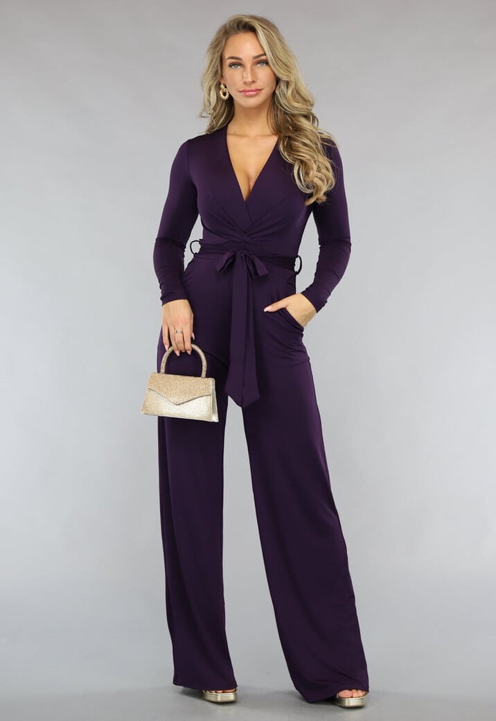 Paarse Jumpsuit met Wijde Pijpen en Tailleband