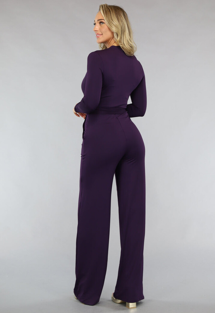 Paarse Jumpsuit met Wijde Pijpen en Tailleband