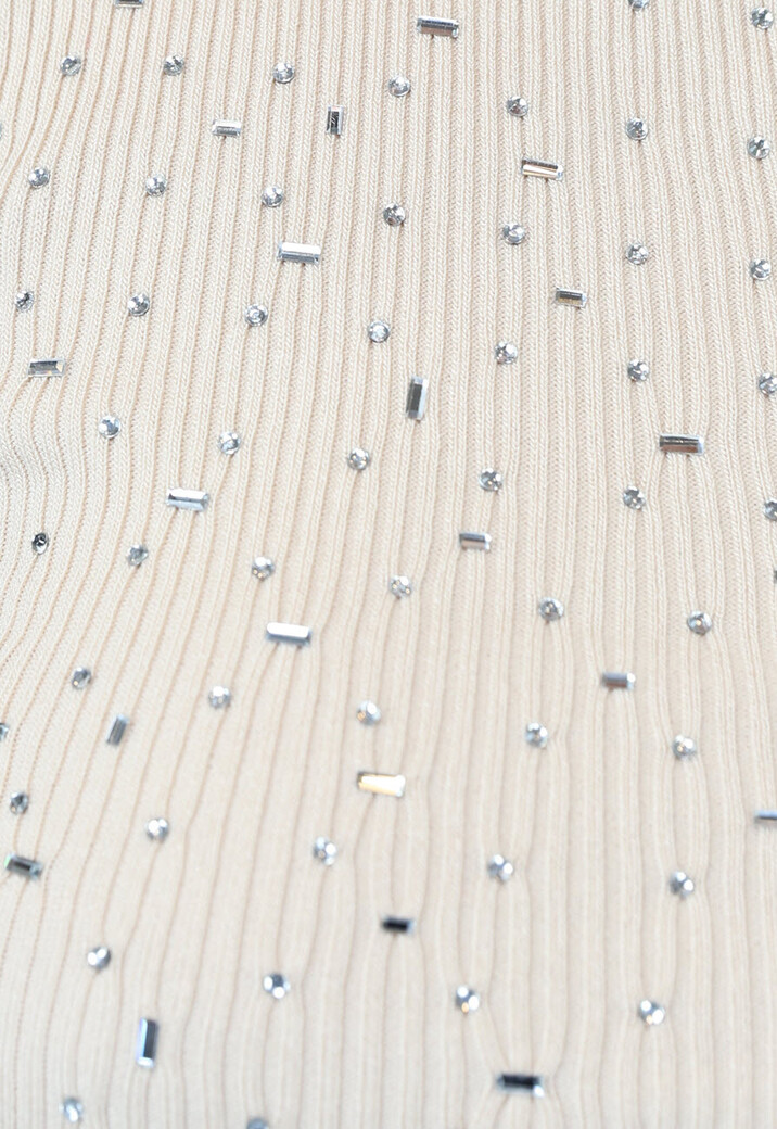Beige Rib Top met Glitters en Asymmetrische Hals