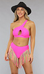 Asymmetrische Neon Roze Bikini Set met Franjes