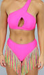 Asymmetrische Neon Roze Bikini Set met Franjes