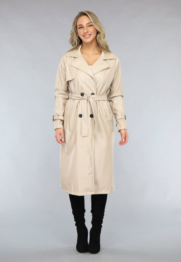 OP=OP.11.NL Lange Beige Lederlook Jas met Tailleband