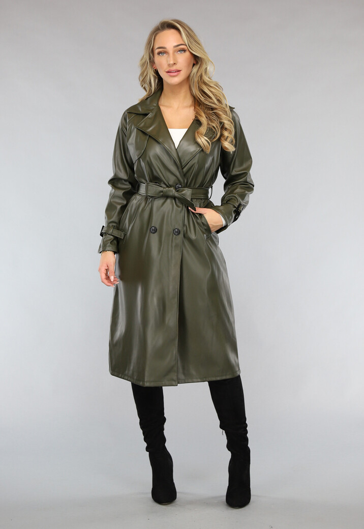 Donkergroene Lederlook Trenchcoat met Gesp Detail