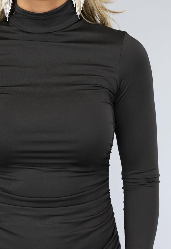 Zwarte Longsleeve Bodycon Jurk met Geplooid Detail