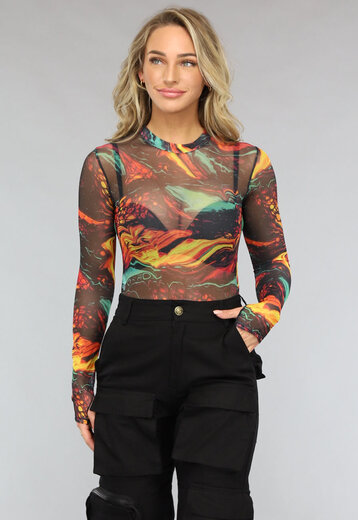 NEW2911 Longsleeve Mesh Lava Print Bodysuit