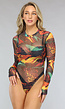 Longsleeve Mesh Lava Print Bodysuit met Duimgaten