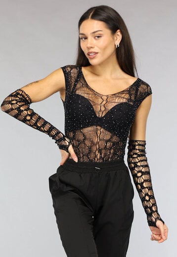 NEW2911 Zwarte Fishnet Glitter Bodysuit met Losse Mouwen