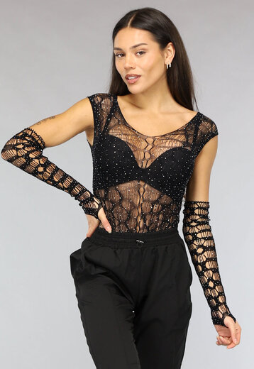 Zwarte Fishnet Glitter Bodysuit met Losse Mouwen