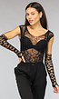 Zwarte Fishnet Glitter Bodysuit met Losse Mouwen