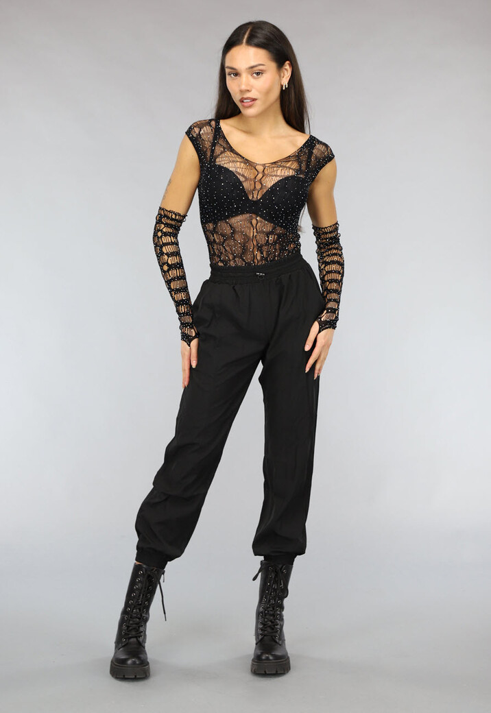 Zwarte Fishnet Glitter Bodysuit met Losse Mouwen