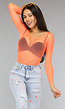 Neon Oranje Off Schoulder Fishnet Bodysuit met Glitter Steentjes