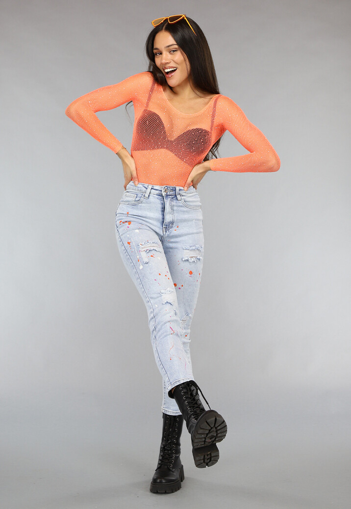 Neon Oranje Off Schoulder Fishnet Bodysuit met Glitter Steentjes