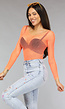 Neon Oranje Off Schoulder Fishnet Bodysuit met Glitter Steentjes