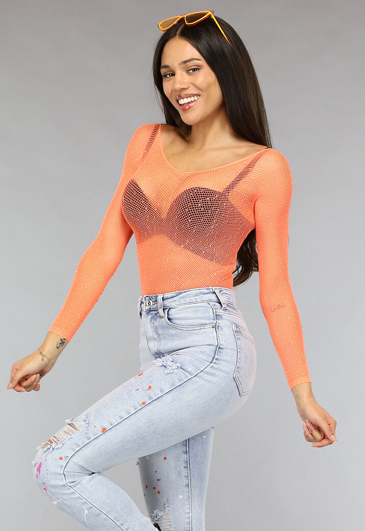 Neon Oranje Off Schoulder Fishnet Bodysuit met Glitter Steentjes