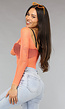 Neon Oranje Off Schoulder Fishnet Bodysuit met Glitter Steentjes