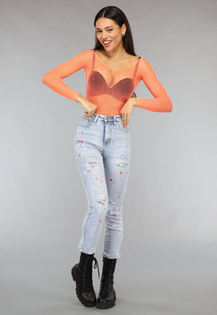 Neon Oranje Off Schoulder Fishnet Bodysuit met Glitter Steentjes