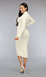 Crème Rib Bodycon Midi Jurk met Lange Mouwen