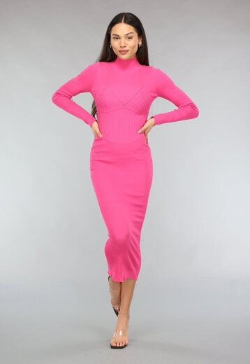 NEW2911 Fuchsia Bodycon Jurk met Rib Detail