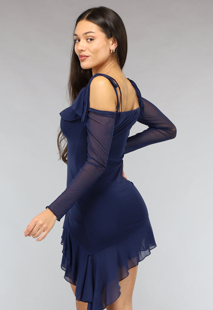Donkerblauwe Asymmetrische Mesh Jurk met Ruches