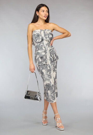 OP=OP.16.S Strapless Cargo Jurk met Camouflage Print