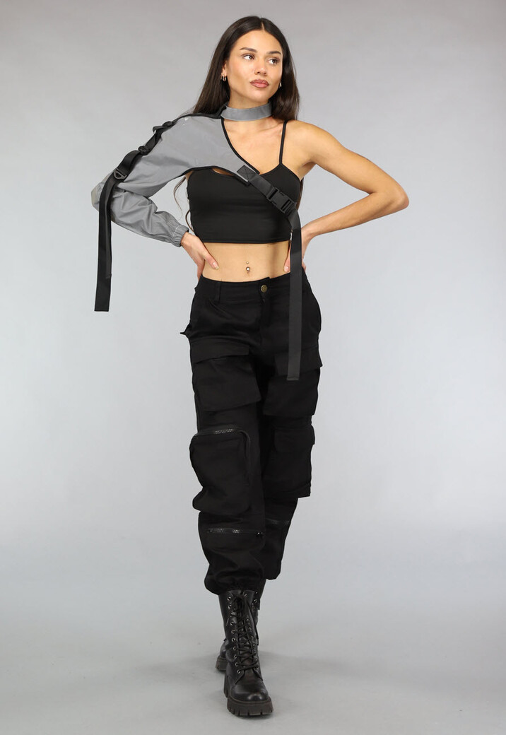 Reflecterende One Sleeve Top met Choker en Gesp Details