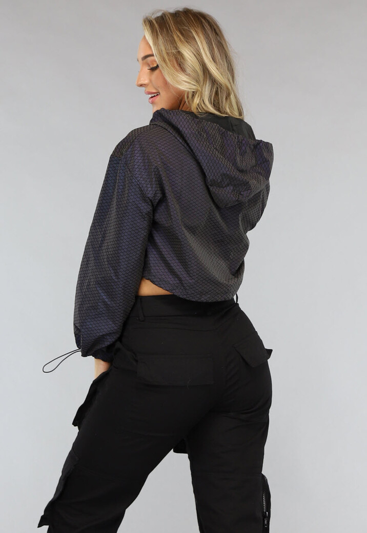 Reflecterend Cropped Windjack met Schubben Patroon met Capuchon